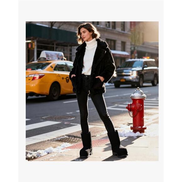 Platform Snow Boots Women Suede Hippy Fur Mid Calf Slip On Winter Non-slip - Picture 2 of 7